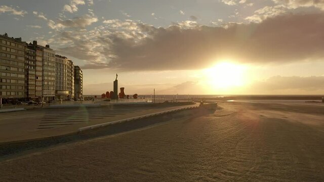 View of a city by the sea in the evening