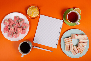 cake with a cup of coffee, morning notes