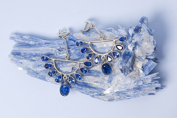 Jewelry earrings with kyanite or distin mineral from Brazil. Blue aluminosilicate mineral with...