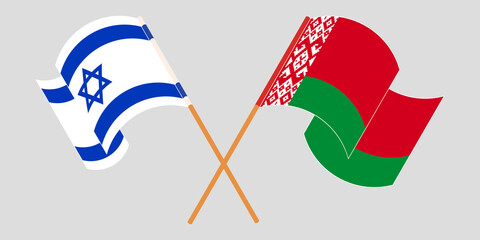 Crossed and waving flags of Belarus and Israel