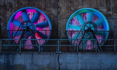 bright illuminated cooling fans in a historic steelworks