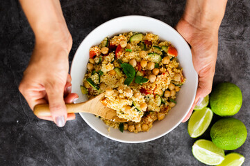 Cous cous with zucchini, lime and chickpeas