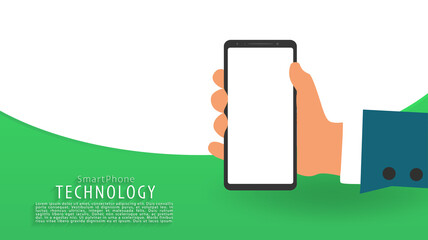 Smart phone in hand, green striped background, landing page, vector, illustration, eps file