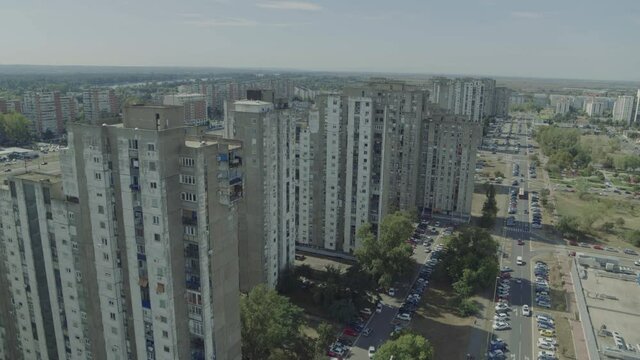 Aerial view of New Belgrade street traffic and buildings blocks.