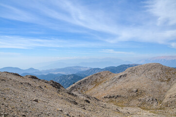 Beautiful view to the Taurus mountains and Mediterranean Sea from the top of Tahtali mountain near Kemer, Antalya, Turkey 