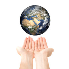 Two open hands hold Earth planet concept isolated on white background