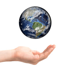 Two open hands hold Earth planet concept isolated on white background