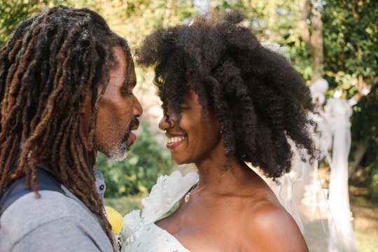 portrait of happy bride and groom