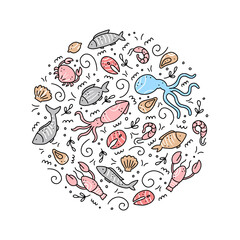 Hand drawn set of seafood elements, fish, lobster, oyster, octopus, shrimp. Doodle sketch style. Sea food element drawn by dogital pen. Vector illustration for icon, menu, recipe design.