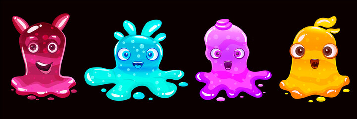 Set Slime jelli monsters characters, liquid yellow red cyan violet creatures