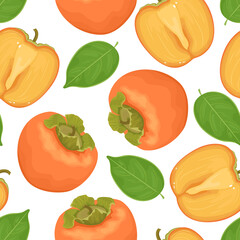Persimmons seamless pattern. Vector cartoon flat illustration. Tropical fruits and green leaves.
