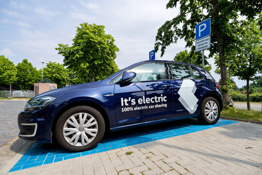 MALCHOW, GERMANY - JUNE 13, 2020: electric Vokswagen eGolf of WeShare at charging station