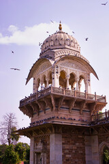 Top Indian tomb style architecture view of public art museum before cloudy sky in Jaipur, Rajasthan...