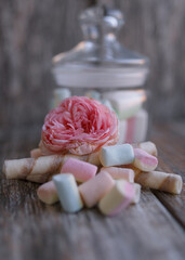 marshmallows on wooden background