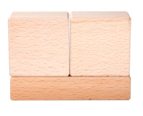 two wooden cubes on one brick create construction isolated on the white