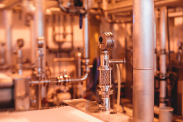 Interior of distillery winery brewery equipment, inside wine factory, process of alcohol liquor manufacture production