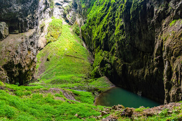 Obraz premium Macocha Abyss - large limestone gorge in Moravian Karst, Czech: Moravsky Kras, Czech Republic. View from bottom.