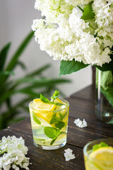 Refreshing drink with lemon, lime and mint, lemonade with ice