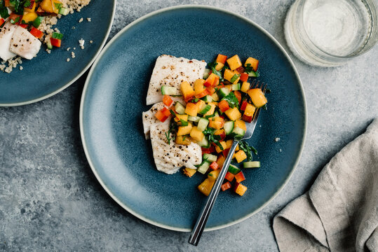 Roasted Halibut with Peach Salad