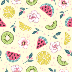 Seamless surface repeat vector pattern design with fresh watermelons, lemons, kiwi fruits and white tropical flowers on a light yellow background