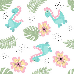 Cute seamless background with a happy dinosaur among tropical leaves and flowers. Hand-drawn childish vector illustration in flat, scandinavian style. Wallpaper, packaging, paper, textiles.