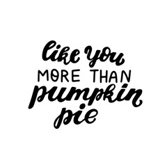 Like you more than pumpkin pie. Happy harvest wishes quote. Autumn fall and harvest blessings. Hand lettering phrase. Thanksgiving season element.