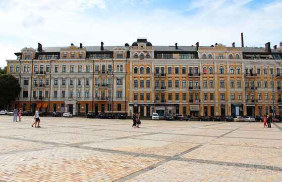 The old and modern buildings on the Sophia square in the Kyiv downtown, Ukraine. Beautiful Ukrainian architecture. 