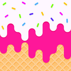 Dripping icing on wafer. Simple vector of melting ice cream with sprinkles
