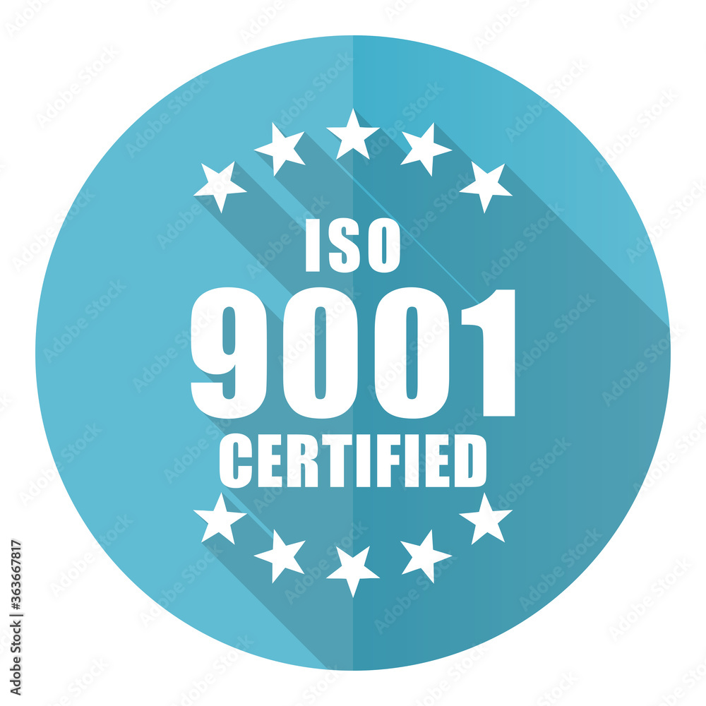 Aufkleber Iso 9001 vector icon, flat design blue round web button isolated on white background