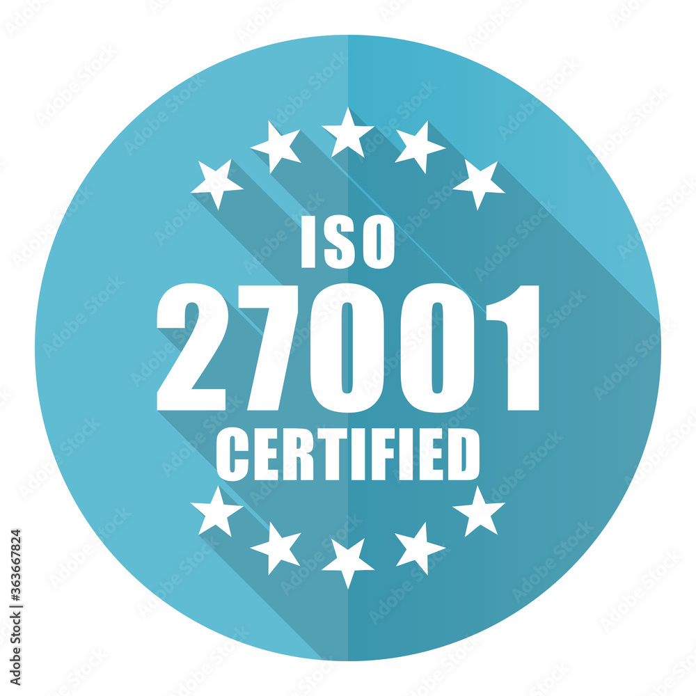 Aufkleber iso 27001 vector icon, flat design blue round web button isolated on white background