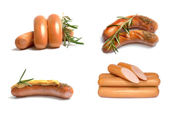 collage of four photos of pork sausages on a white background