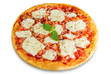 Pizza Margarita with tomatoes, tomato sauce and Mozzarella cheese on a white isolated background