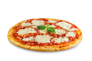 Pizza Margarita with tomatoes, tomato sauce and Mozzarella cheese on a white isolated background