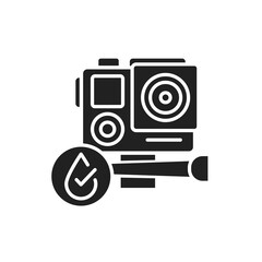 Waterproof action camera black glyph icon. Water repellent electronic device concept. Pictogram for web page, mobile app, promo. UI UX screen. User interface display.