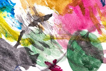 Abstract texture of multi-colored gouache. Closeup of paint strokes on a white paper.