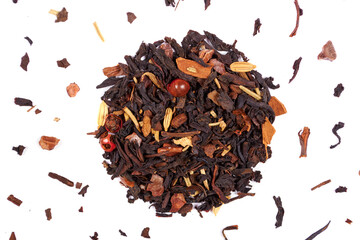 Fruit tea macro photo, herb drink. Isolated on white background.