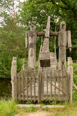 View of a historic bascule bridge with carvings on the pillars