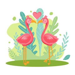 Flamingo coupWindy illustration of two pink flamingos love each other. Love couple of birds on a jungle leaf background. Children s cartoon style illustration flat print for notebook, mug, T-shirt,bag