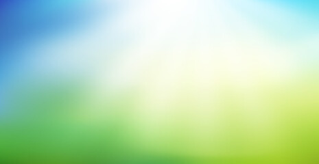 Nature blurred background with bright sun rays. Abstract green and blue gradient backdrop. Ecology concept for your graphic design, banner or poster. Vector illustration