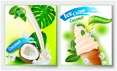 3d Soft Ice Cream with Coconut in a Waffle Cone.Vector realistic image of Coconut, purified fruit.Picture for sale of fruit and ice cream. Label, wrapper, poster, leaflet.