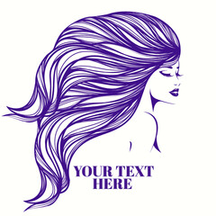 Woman with long, wavy hair flowing.Beautiful girl with elegant hairstyle and makeup.Hair salon and beauty studio logo.Cute lady face illustration.Cosmetics and spa icon.Female portrait.