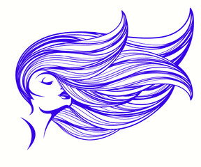 Woman with long, wavy hair flowing.Beautiful girl with elegant hairstyle and makeup.Hair salon and beauty studio logo.Cute lady face illustration.Cosmetics and spa icon.Female portrait.