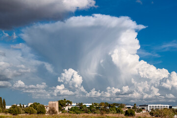 Landscape with cumulus calvus type clouds,  trying to evolve into cumulonimbus and preparing rainfall, with a field and buildings in the foreground
