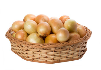 onions in wicker basket on isolated white background