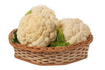 cauliflowers in wicker basket on isolated white background