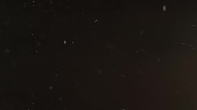 Dust particles background. Snowflakes texture. Blur white ash flying on dark.