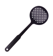 Black plastic ladle, kitchen utensil. Isolated on white background.