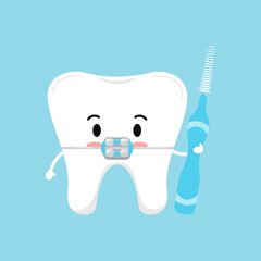 Cute tooth with dental braces and interdental brush in hand hygiene concept isolated on blue background. Tooth sign emoji character vector flat design kawaii style kid tooth mascot illustration.