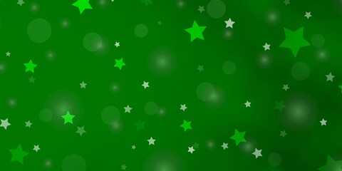 Light Green vector texture with circles, stars. Glitter abstract illustration with colorful drops, stars. Pattern for trendy fabric, wallpapers.