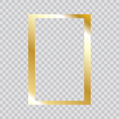 Gold frame vector. Trendy rectangle border. Gold frame isolated on transparent background. Useful for app, banner, party invitation card or happy birthday. Creative art concept, vector illustration